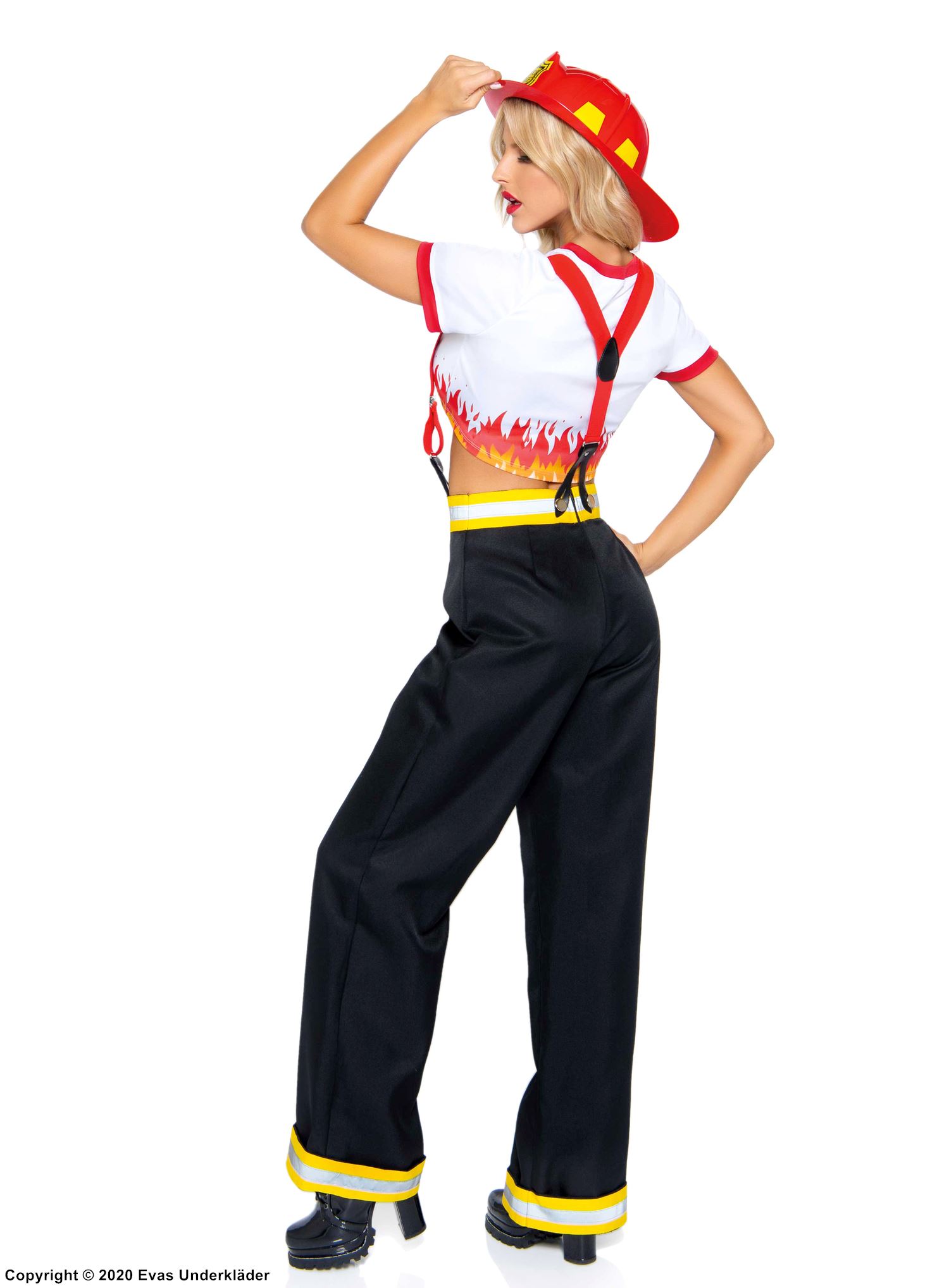 Female fire fighter, costume top and pants, suspenders, flames
